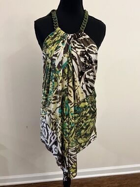 Cache Multicolor Abstract Halter Top in Green, Teal & Brown